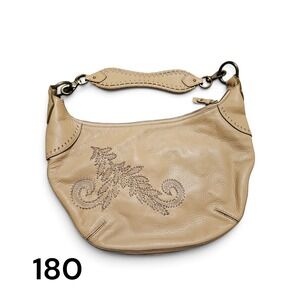 Cole Haan Tan Pebbled Leather Hobo Shoulder Bag Whipstitch Embroidered Detail